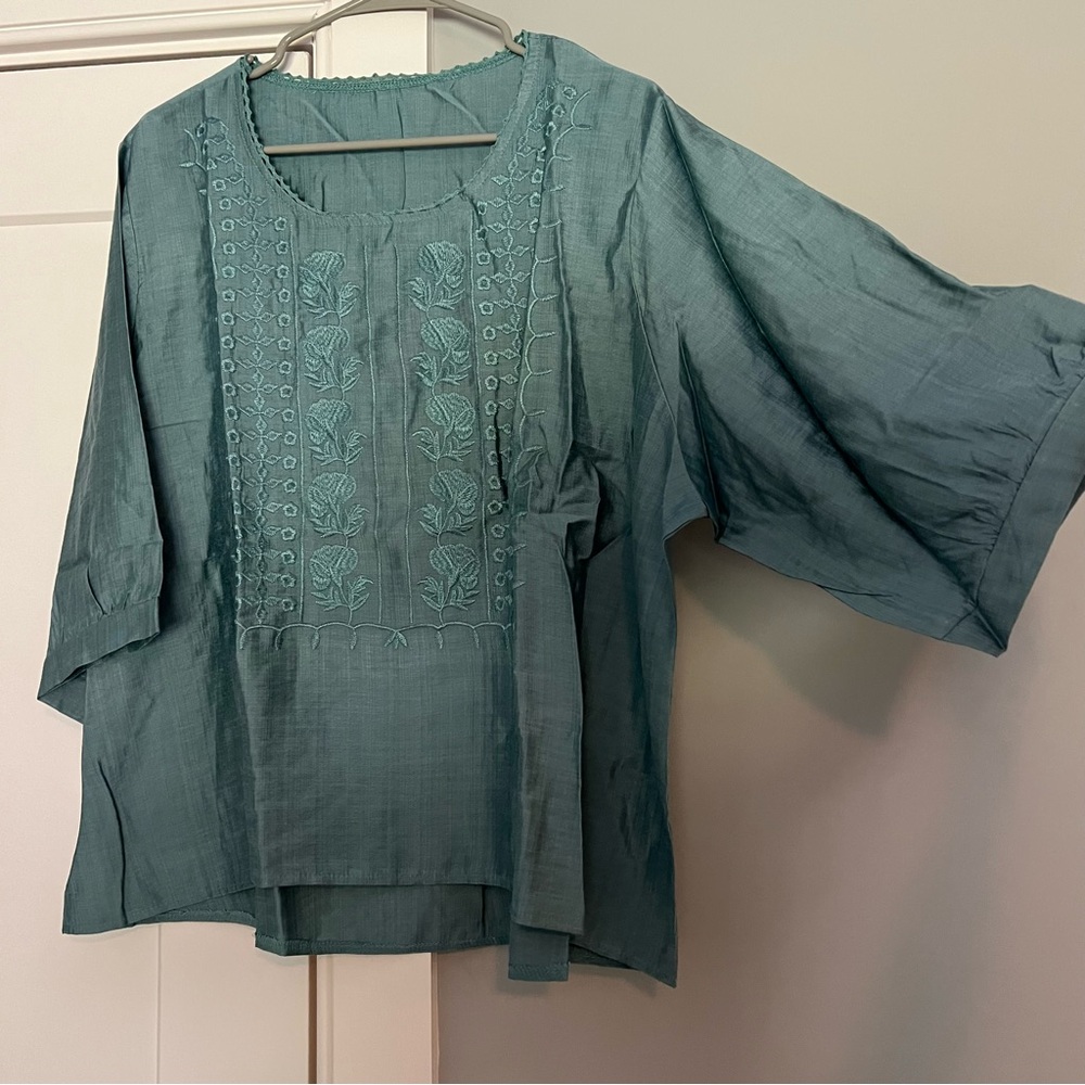 Elegant Teal Embroidered Women's Top